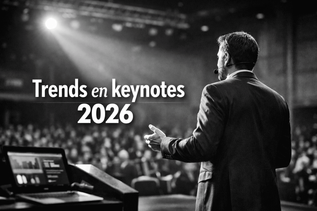 Spreker op podium tijdens keynote over leiderschap en trends in 2026